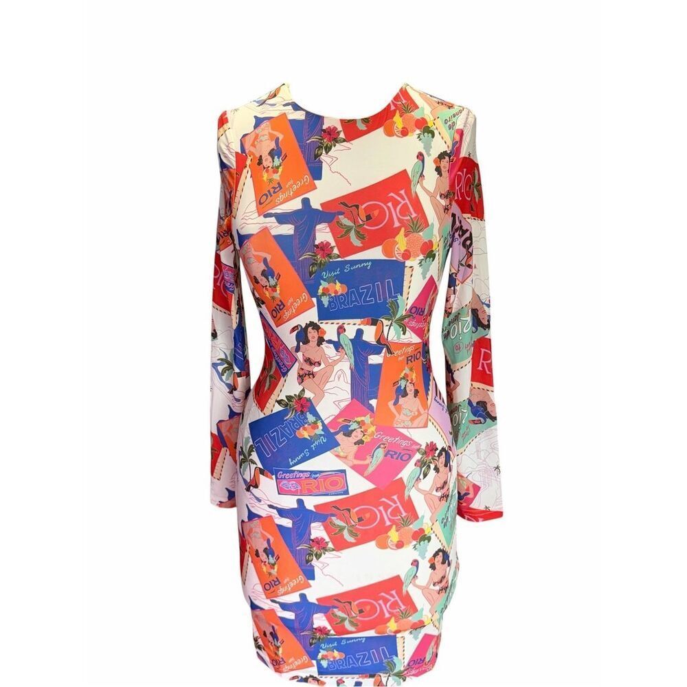PepperMayo Brazil Print Long-Sleeve Bodycon Dress - Multicolor Size 2